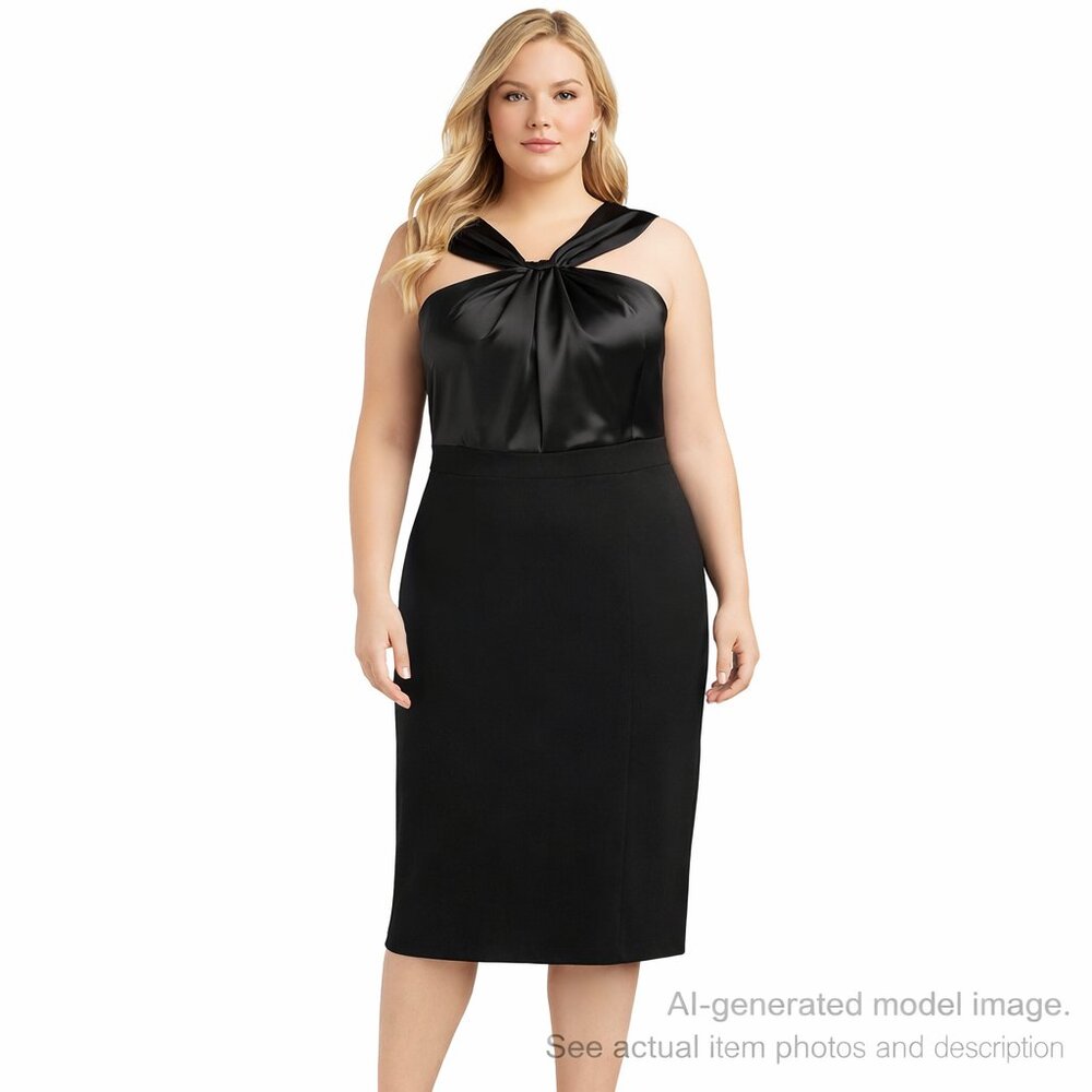 335. NWT Eliza J Black Satin Twist Bodice Sleeveless Midi Dress 16